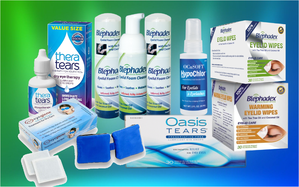 Hypochlor spray, hydro eye, oasis tears, bruder mask, lid hygiene kit